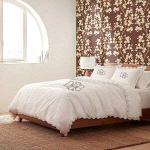 Monogram 500 TC White Cotton Sateen Hotel Stitch Duvet Cover Set in Double Scalloped Embroidery Border 1 Duvet Cover and 2 Pillow Sham Cover image 6