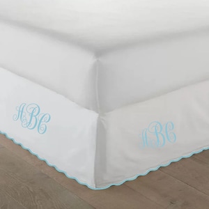 Pushp Linen 1 PIECE Monogrammed Scalloped Tailored BEDSKIRT 3 sided ONLY 100% Cotton Sateen  Drop from 8&quot; to 39&quot;