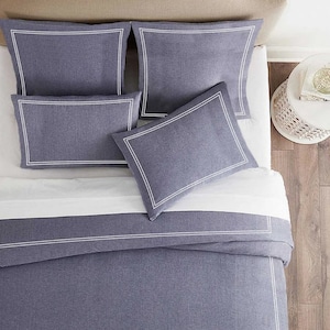 Chambray Indigo Blue Plain Solid Duvet Cover & Shams 100% Wash Cotton Crisp and Cool Percale Vintage Yarn Dyed