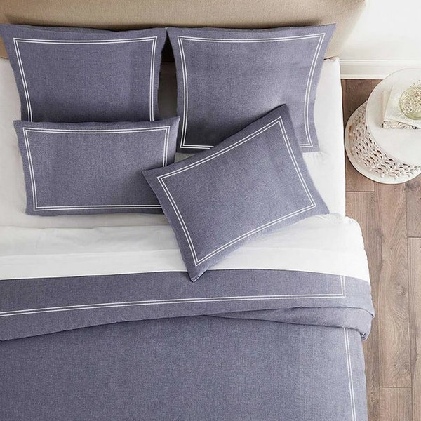 Chambray Indigo Blue Uni Solid Duvet Cover & Shams 100% Wash Cotton Crisp and Cool Percale Vintage Garn gefärbt