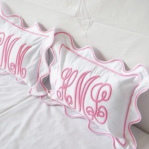 Personalized Scalloped and border Monogrammed Pillow Sham (Set of 1) 100% Cotton Sateen Luxury Hotel Collection 400 TC