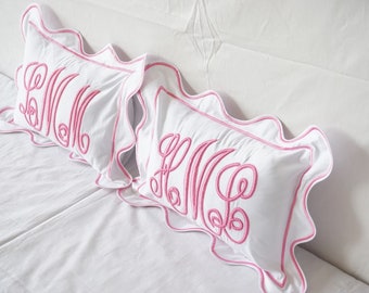 Personalized Scalloped and border Monogrammed Pillow Sham (Set of 1) 100% Cotton Sateen Luxury Hotel Collection 400 TC