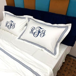 Monogram 400 TC White Cotton Sateen Hotel Stitch Duvet Cover Set in Triple Embroidery Border 1 Duvet Cover and 2 Pillow Sham Cover