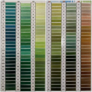 以下が含まれることがあります： DMC刺繍糸の色見本で、緑、茶色、ベージュの色合いが豊富に揃っています。見本は番号と対応する色で区切られており、番号は21から26までです。