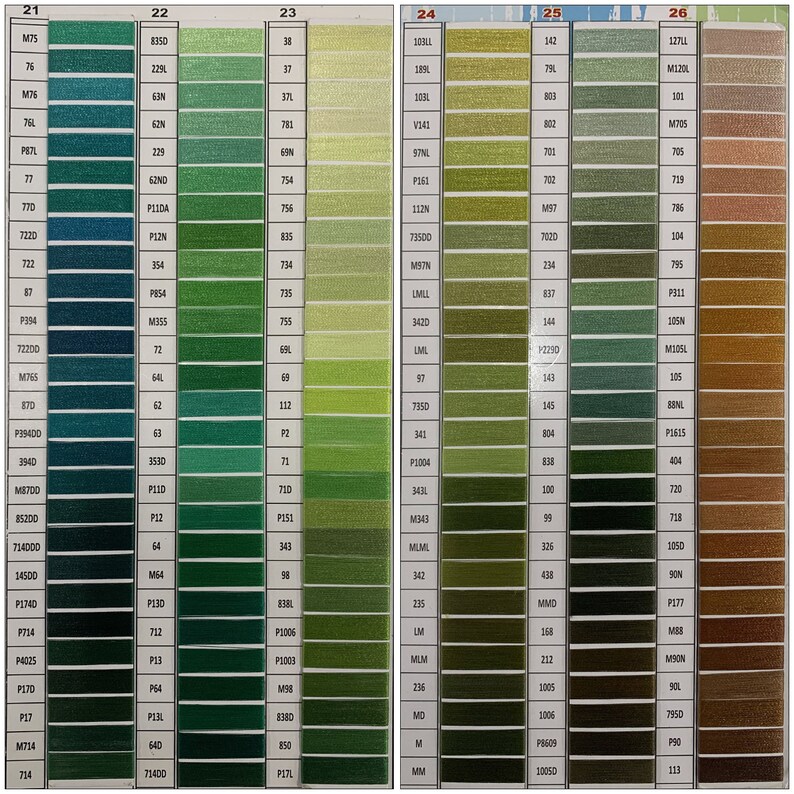 以下が含まれることがあります： DMC刺繍糸の色見本で、緑、茶色、ベージュの色合いが豊富に揃っています。見本は番号と対応する色で区切られており、番号は21から26までです。