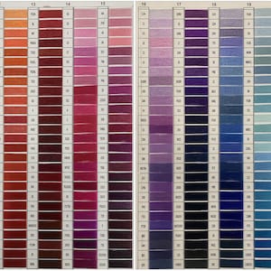 May include: A color chart with rows of thread samples in various shades of red, pink, purple, blue, and green. The chart is labeled with numbers 11 through 20.