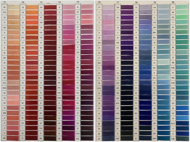 May include: A color chart with rows of thread samples in various shades of red, pink, purple, blue, and green. The chart is labeled with numbers 11 through 20.