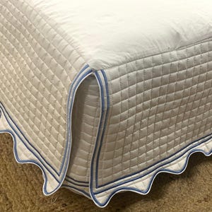 Quilted Box Stitch Scalloped + Double Border Bed Skirt - 8&quot; to 39&quot; Drop Length 1 PIECE BED SKIRT 3 Sided 100% Cotton Quilted Bed Dust Ruffle