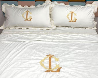 Multicolor Personalized Monogram Pushp Linen 100% Cotton   Sateen Hotel Stitch Duvet Cover Set with Scalloped Embroidery and band