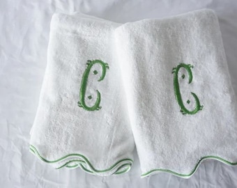 Monogram Towels Scalloped embroidery line Cotton Bath Towels Hand towel face towel bath math 600 GSM