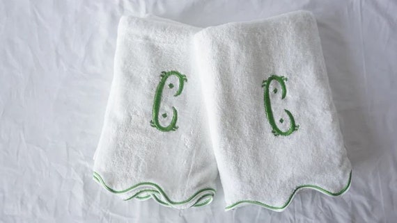 Monogram Towels Scalloped Embroidery Line Cotton Bath Towels Hand Towel  Face Towel Bath Math 600 GSM 
