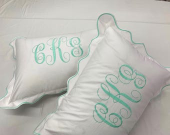 Pushp Linen Monogrammed Scalloped European Square Euro Shams and Pillow shams 100% Cotton PACK OF 1 Super Soft Decorative