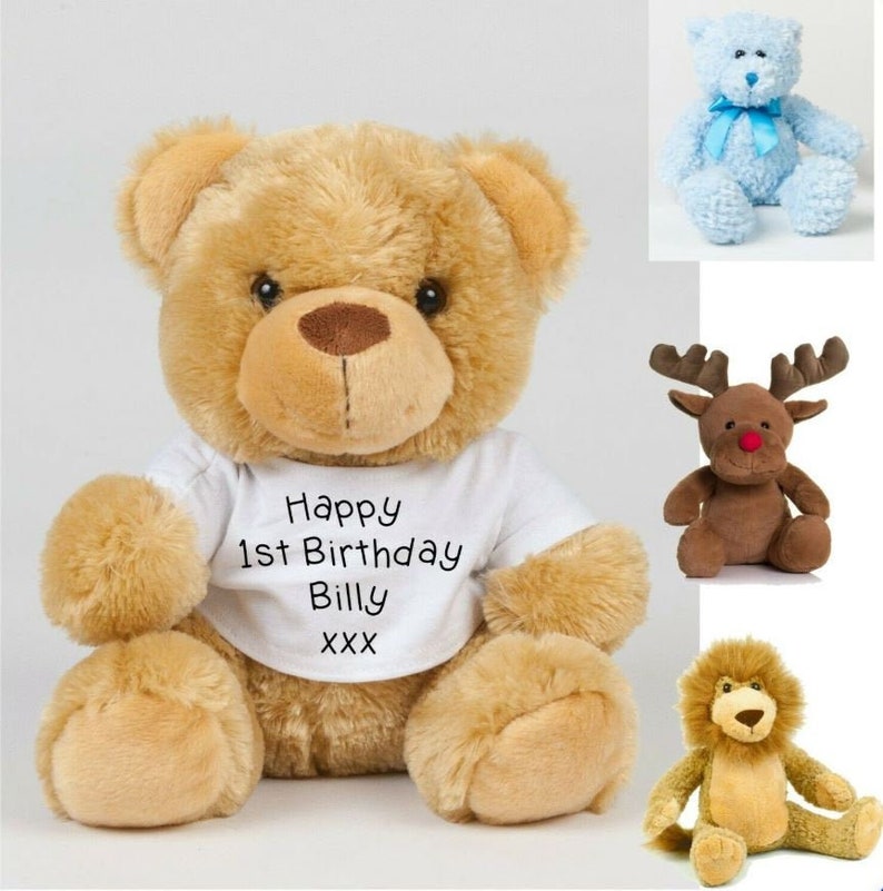 Personalise Teddy Bear-Custom Teddy Bear-Printed Personal Message-Small Medium Large Soft Teddy-Print Text Logo's-1st Birthday Xmas Gift