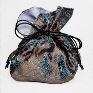 Brown and Blue Paisley Brocade Kinchaku Bag with Lilac Liner