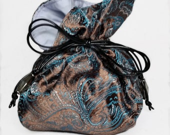 Brown and Blue Paisley Brocade Kinchaku Bag with Lilac Liner