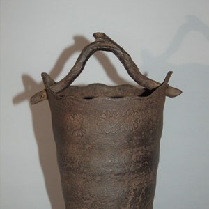Cast iron ikebana flower vase in shape of a handled pail, chrysanthemum, paulownia decor, vintage, Japan