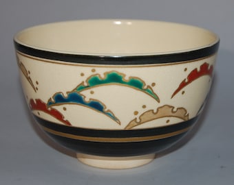 Bol à thé chawan en grès, décor de pins, par Ihara Zuiun, céramique de Kiyomizu, Japon