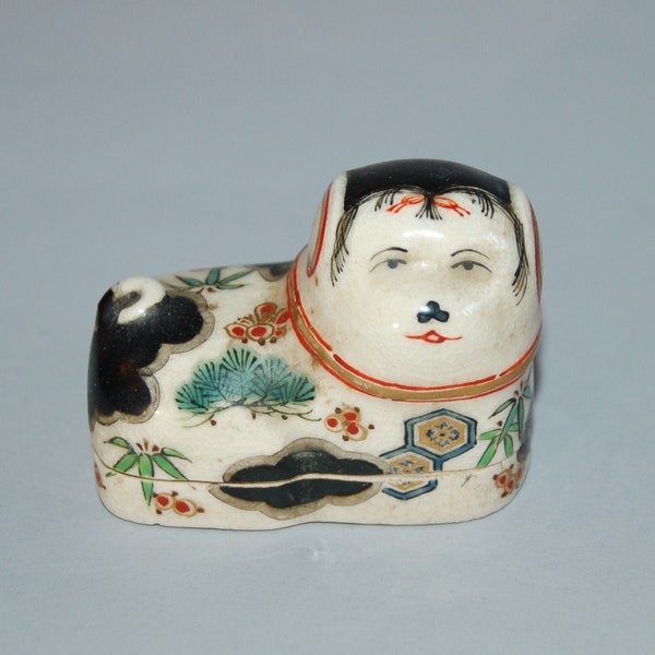 Ceramic kogo incense box, inu hariko-shape, puppy dog, antique, Minpei kiln, Japan