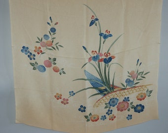 Vintage chirimen silk furoshiki wrapping cloth, bingata summer flowers and boat, Japan