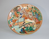 Decorative charger, scene from The Tale of Genji, rooster, flowers, Kutani ware, Japan