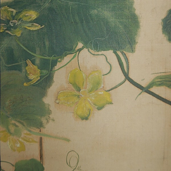 Peinture sur rouleau suspendu, plante de courge fleurie avec fruits, signée, Japon