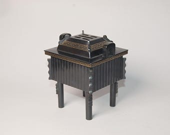 Bruciatore di incenso koro quadrato in bronzo e ottone, modello cinese, vintage, Giappone