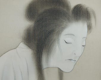 May include: A grayscale drawing of a woman with closed eyes and dark hair. The woman is wearing a white garment. The artwork has a soft, delicate style, with fine lines and shading.