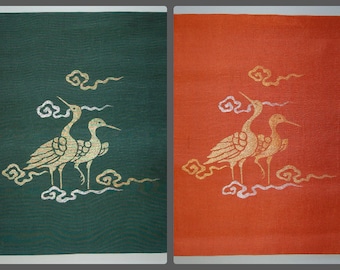 Pair of fukusa ceremonial covers, cranes and clouds, gold & silver jacquard, silk, vintage, Japan