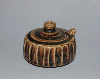 Ceramic suiteki waterdropper, cylindrical, ribbed, iron brown glaze, Japan or Korea