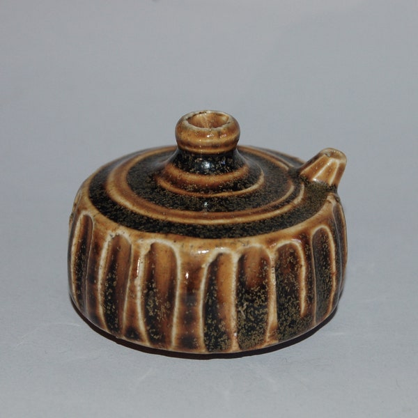 Ceramic suiteki waterdropper, cylindrical, ribbed, iron brown glaze, Japan or Korea