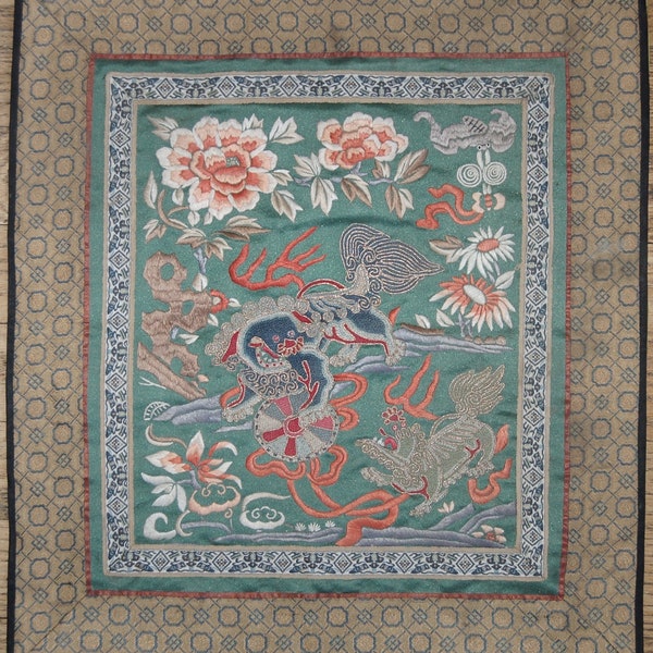 Square embroidery, two foo lion dogs playing between peonies, silk, wool, gold-thread, China