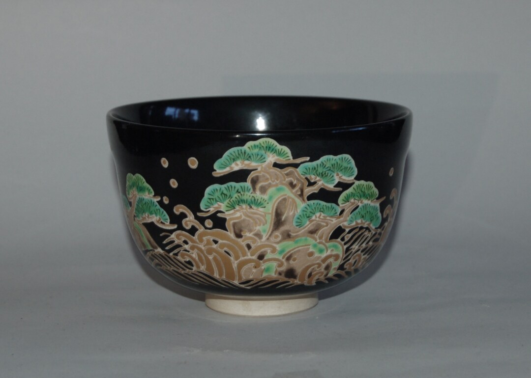 Ceramic Chawan Tea Bowl, by Miyaji Eika, Pine Trees, Rocks, Waves, Kyo ...