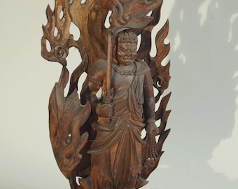 Statue of guardian deity Fudo Myoo surrounded by flames, cypress wood, Japan