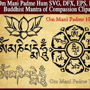 Om Mani Padme Hum, lettrage sanskrit SVG, DXF, fichiers PNG coupés, Mantra bouddhiste de la compassion tatouage clipart