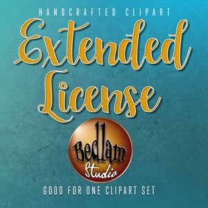 May include: A blue and gold graphic with the text "HANDCRAFTED CLIPART Extended License" and "GOOD FOR ONE CLIPART SET". A gold circle with a sunburst design contains the text "Bedlam Studio".