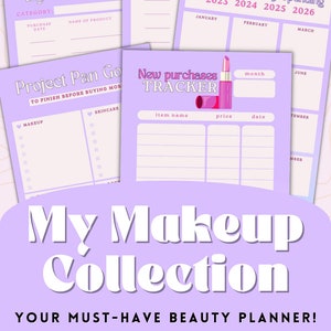 Op de afbeelding: Paarse printbare plannerpagina's voor het bijhouden van huidverzorging, make-up en schoonheidsuitgaven. De pagina's bevatten secties voor "Mijn huidverzorgingscollectie", "Mijn make-upcollectie", "Project Pan Go", "Nieuwe aankopen tracker" en "Mijn jaarlijkse schoonheidsuitgaven".