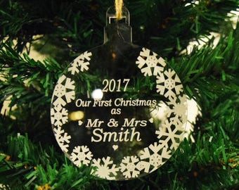 Personalised Bauble Our First Christmas as Mr & Mrs,  Perspex Acrylic,Wooden Bauble, Christmas Love, Merry Christmas, Christmas Tree