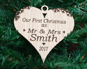 Personalised Mr & Mrs Heart Bauble: First Christmas Wooden Ornament
