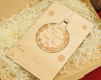 Personalised Wooden Christmas Bauble Card: Engraved Ornament Gift