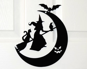 Halloween-deurdecor: feestdecoratie heks, kat, vleermuis en maan