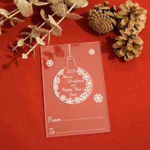 Carte postale de Noël, carte de Noël en boule acrylique, ornement de boule de Noël, cadeau de Noël, décoration d’arbre de Noël, carte de Noël Perspex