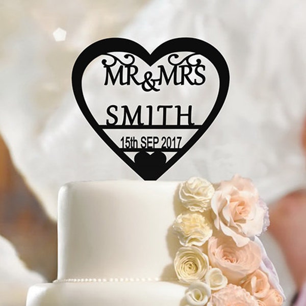 Personalised Wedding Cake Topper Mr & Mrs, Custom Name Heart, Surname, Date