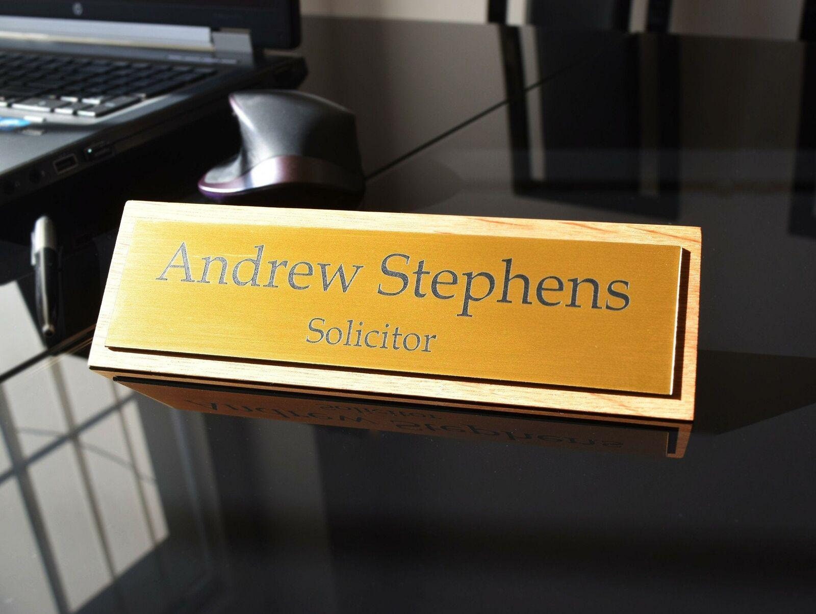 Solid Oak Base Gold Brushed Office Plaque Stylish Personalised