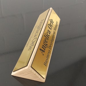 Solid Wood Stylish Personalised Desk Name Plate, 2 Plaques, Two sides, Custom Engraved Sign, Office Plaque