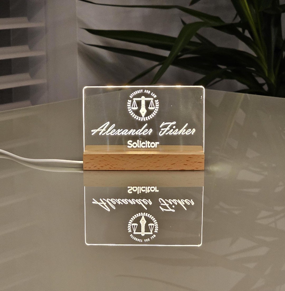Custom LED Desk Name Sign: Acrylic Plaque With Wooden Base - Etsy