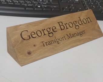 Natural Solid Wood Stylish Personalised Desk Name Plate, Custom Engraved Sign, Office Plaque
