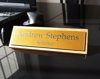 Solid Oak Base Gold Polished Office Plaque, Stylish Personalised Desk Name Plate, Desk Plaque