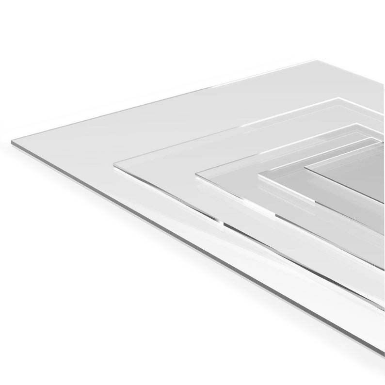 Clear 5mm cast acrylic sheet panel with protective film – custom cut, PERSPEX® material, showing finish and colour options
