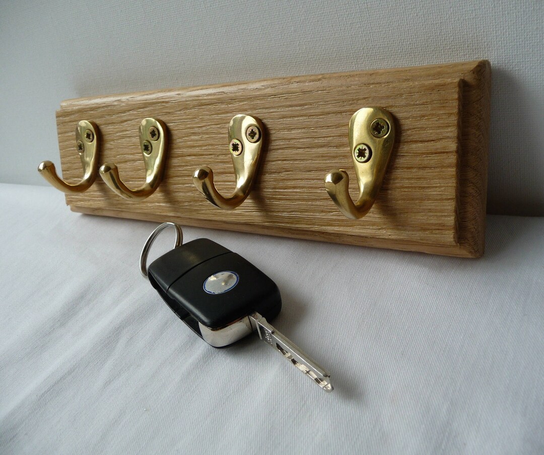 Vintage Style Wall Key Rack Solid Oak Cast Iron 4 Brass Hooks 25cm ...