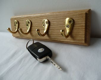 Vintage Style Wall Key Rack Solid Oak Cast Iron 4 Brass Hooks 25cm Handmade.